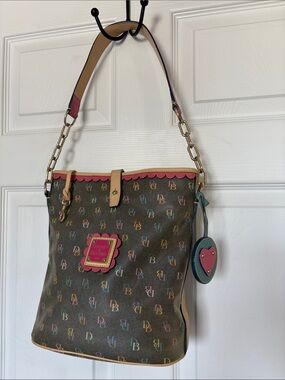 Dooney & Bourke Brown Multicolor DB Logo Shoulder Bag with Pink Trim